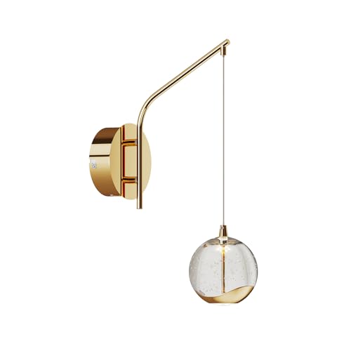 Image of 13 inch Gold Hanging Wall Sconce Vintage, Integrated LED Bubble Glass Globe, Modern Art Deco Hanging Wall Light for Bedroom, Living Room and Bathroom, 3000K Warm White, Hardwired