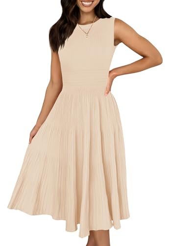 Ferlema Womens Summer Sleeveless Midi Dresses 2024 Crewneck Knit A Line Pleated Swing Casual Tank Dress Apricot Medium
