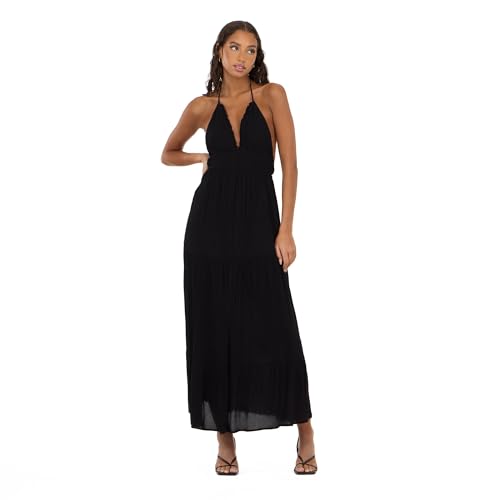 Forever 21 Women's Plunging V-Neck Maxi Dress with Smocked Waistband, Black, M