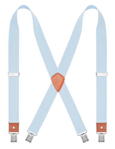 CEAJOO Mens Suspenders Heavy Duty 1.4 Inch X-Back Adjustable Elastic Braces with Strong Clips and Straps Light Blue 43