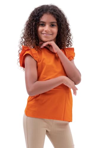 Enorsia Camiseta para niñas con mangas de volantes bordados, cuello redondo con abertura de solapa acanalada y botón en la parte posterior, naranja, 5-6 años