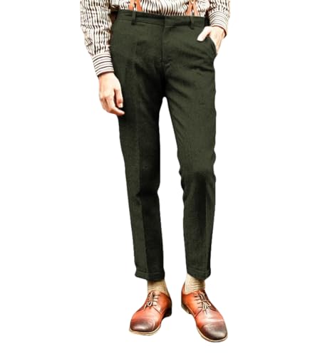Men's Herringbone Pattern Trousers Slim Fit Retro Tweed Wool Dress Pants