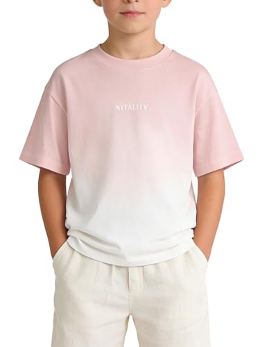 LUCKYLI Boys T-Shirt, Gradient Ombre 100% Cotton Soft Artistic Print Tee, Elastic Ribbed Neckline, Double-Needle Stitching, for School, Party & Daily Wear 4-12Y