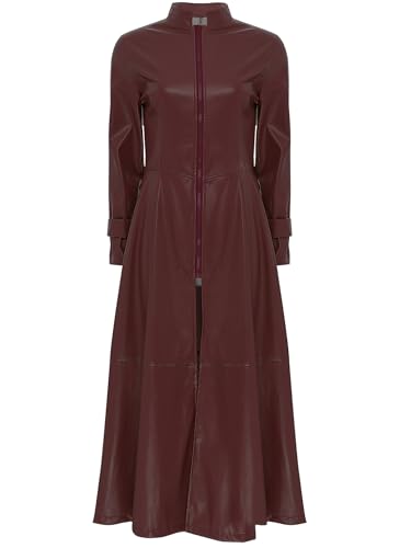 Freebily Damen Ledermantel Lang PU Leder Jacke Trenchcoat Stehkragen Mit Reißverschluss Leder Kleid Maxi Matrix Kostüm Burgundy 3XL