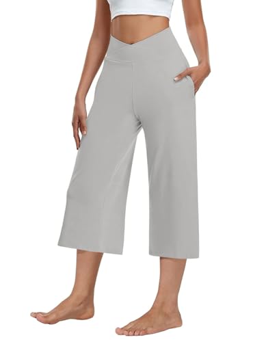 Image of Kivdol 3 Pack Womens Wide Leg Yoga Capris Crossover High Waist Casual Capri Pants Loose Soft Pajama Pockets Sweatpants