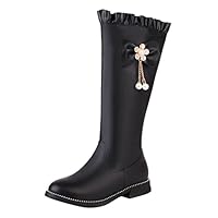 Generisch Long Shaft Boots Women's Shoes British Style Solid Side Zip Bow Pearl Pendant Knee-High Boots Ladies Wellington Boots Women's Boots Flat