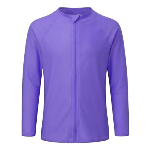 Big Girls Swim Shirts Long Sleeve Rash Guard Swimsuits with Full Zipper Sun Protection Bathing Suit Quick Dry Swimwear for Kids Purple Solid Size 10/8-10 Years