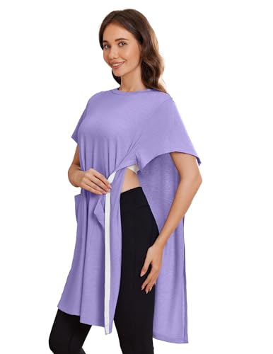 Image of Deyeek Women's Post Shoulder Surgery Hospital Gowns Tear Away Short Sleeve Full Open Side Snap Adaptive Clothing Nightgowns