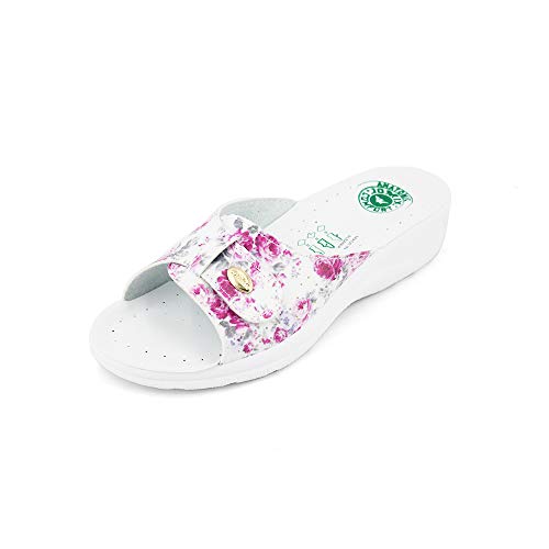 JOMIX Zapatillas de Estar por Casa para Mujer Chanclas Mujer Verano con Hebilla Zapatillas Casa Cómodas con Puntera Abierta Pantuflas Anatómicas Fabricadas en Italia, Floral Fucsia, 38 EU