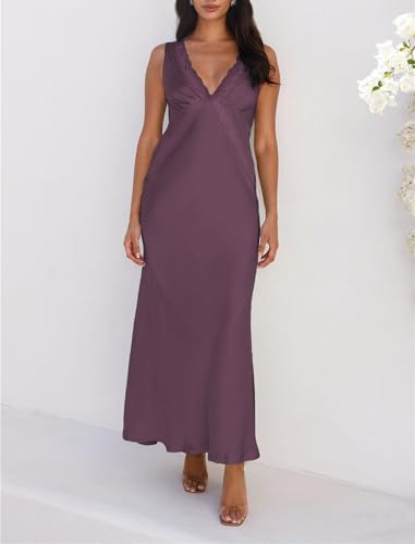 Image of BAGONE Summer Satin Lace V Neck Backless Formal Wedding Guest Maxi Dresses | Silk,Open Back,Sleeveless,Elegant,Cocktail,Bridesmaid,Baby Shower,Party,Prom,Birthday,Vacation,Summer Dresses for Women 2026