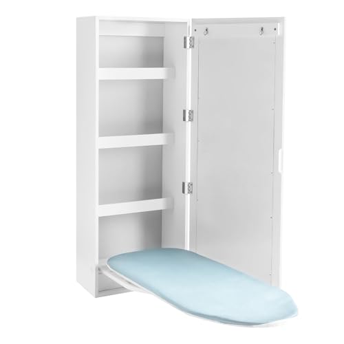 Tabla de planchar armario montado en la pared con espejo y 4 estantes, armario de almacenamiento plegable con tabla de planchar giratoria (180°), ahorro de espacio, montaje en pared, estable, para