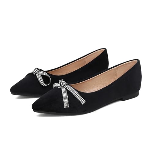 AMAZIDEAL Women's Rhinestone Bow Casual Flats,Suede Pointed Toe Slip-On Ballet Flat Shoes,Comfort Dress Wedding Party Shoes