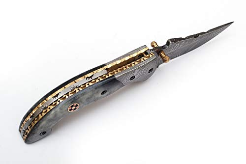 Shiny Crafts | Handmade Damascus Pocket Knife For Men | Folding Knife With Liner Lock | Bushcraft Knife For Fishing, Camping, Hiking | Damascus Steel Hunting Knife With Sheath | Camping Knife With Premium Leather Sheath With Belt Loop (Fk-20) #TOP5