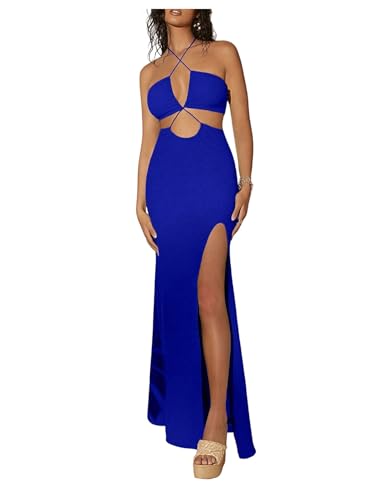 Image of MakeMeChic Women's Sleeveless Criss Cross Halter Dress Cut Out High Waisted Split Thigh Maxi Sundress Royal Blue Medium