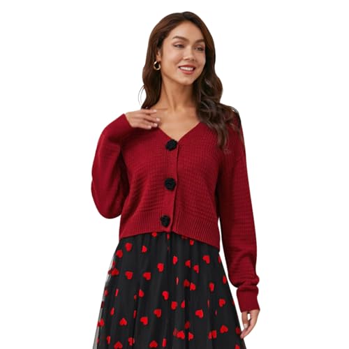 CHICWISH Women Open Front Rose Buttoned Crop Knit Cardigan V Neck Long Sleeve Casual Solid Sweaters Cardigan Top2