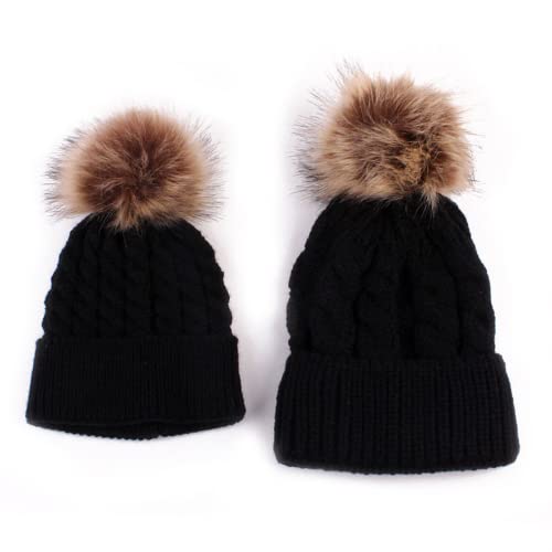 2 chapéu pai-filho, mães peças e filha/filho gorro quente de inverno gorro família (Preto)