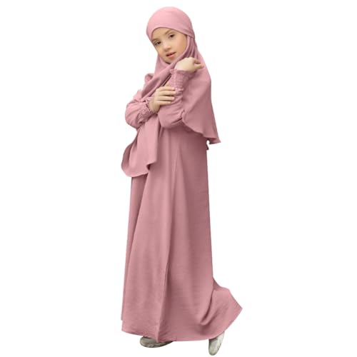 OBEEII Abaya for Girls Muslim Long Sleeve Prayer Dress Ramadan Kaftan Abaya with Hijab Islamic Clothing Arabic Eid Robe