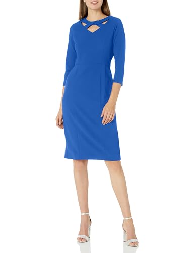 London Times Women's Dresses Scuba Crepe Neckline Detail Midi Sheath