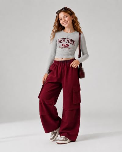 Image of Azmxynol Girls Clothes 2 Piece Outfit Ribbed T-Shirt Top + Cargo Pants, Girls Fall Clothing Set, Sizes 5-16 Years