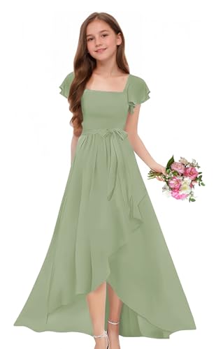 Junior Bridesmaid Dress Long with Slit A-Line Chiffon Flower Girl Dresses Short Ruffle Sleeves for Wedding Party2