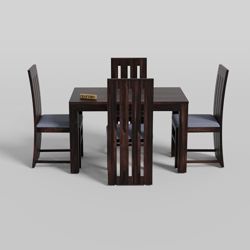 Image of 45 Inches Length Solid Sheesham Wood 4 Seater Dining Table Set | Four Seater Dinner Table with 4 Grey Cushions High Chairs| Dinning Table Set 4 Seater for Living Room| Walnut Finish