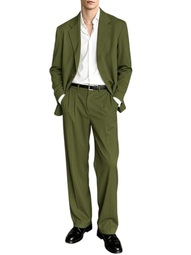 Men Relaxed Fit 2 Piece Suit Casual Blazer Wide Leg Pants Olive Green 3XL