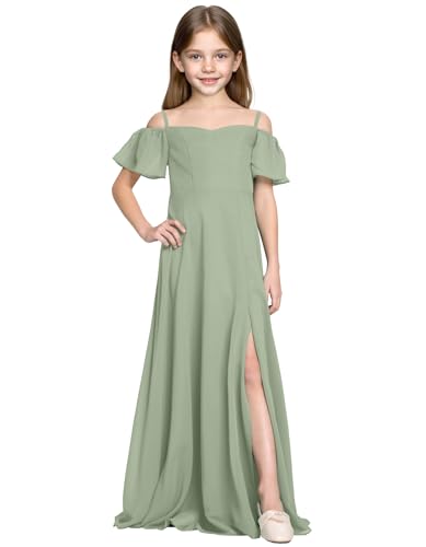 Junior Bridesmaid Dress Off Shoulder Flower Girl Dess Chiffon Short Sleeve Girls Pageant Dresses Slit JBD155