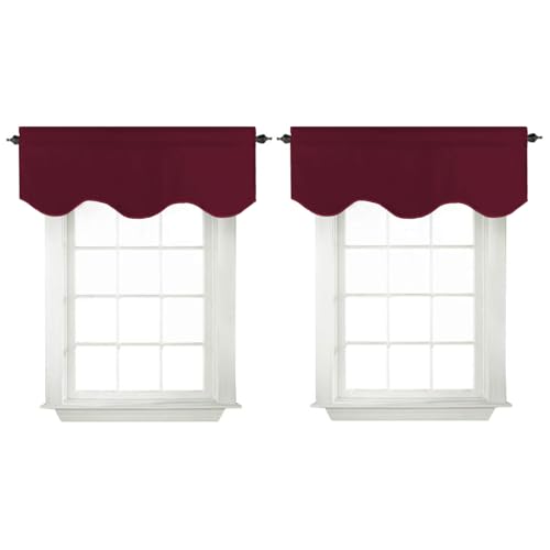 Turquoize Valances for Windows Solid Valance Curtains for Kitchen Windows/Living Room/Bathroom Rod Pocket Decoration Scalloped Window Curtains, 52" x 18" Inches, 2 Panels, Burgundy