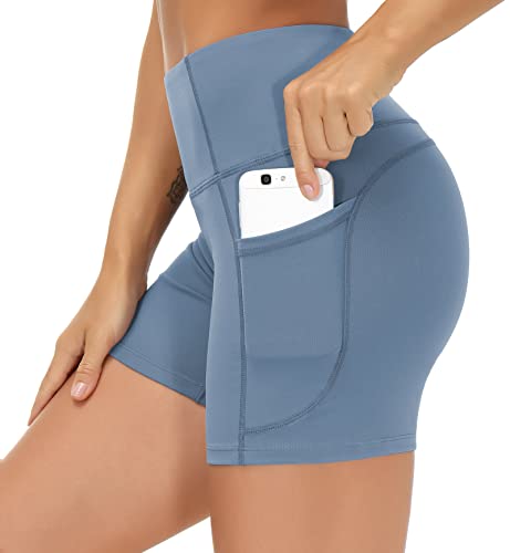 Image of THE GYM PEOPLE High Waist Yoga Shorts for Women's Tummy Control Fitness Athletic Workout Running Shorts with Deep Pockets
