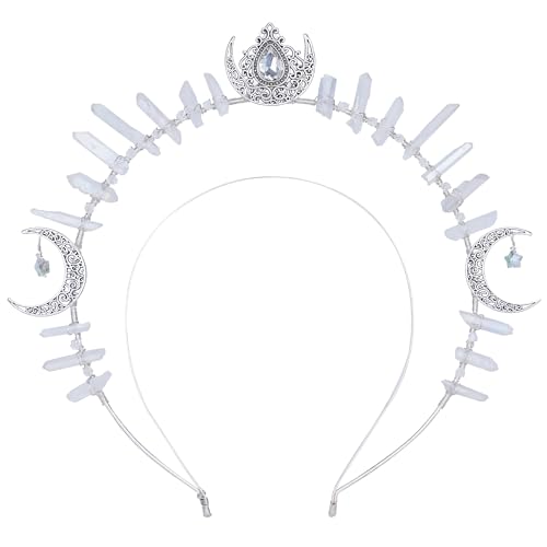 COSUCOS Moon Star Halo Crown - Renfaire Goddess Headband Handmade Silver Quartz Crystal Gothic Headpiece for Women Wedding Birthday Cosplay Party Photography