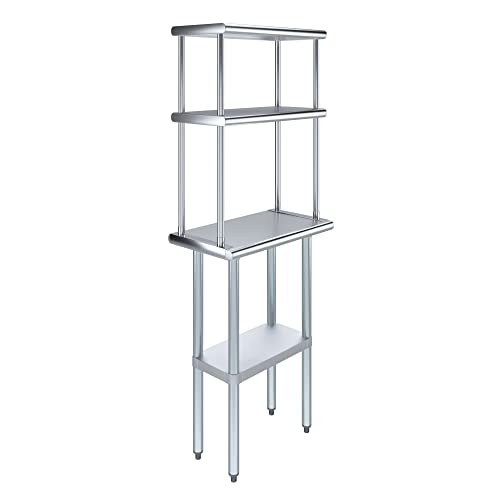 Image of AmGood Stainless Steel Work Table with 12 inch Wide Double Tier Overshelf | NSF (Stainless Steel Table with Double Overshelves, 24 inch Long x 14 inch Deep)