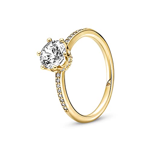 PANDORA Passions Anello con corona brillante placcato in oro 14k con zirconi cubici trasparenti, 50
