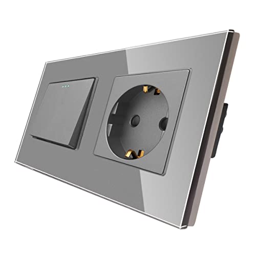 CNBINGO Schuko Steckdose mit Lichtschalter unterputz, Grau Wandschalter mit Glasplatte, mit Leuchtstoffpunkten, 1-Fach, 1- poliger Ausschalter