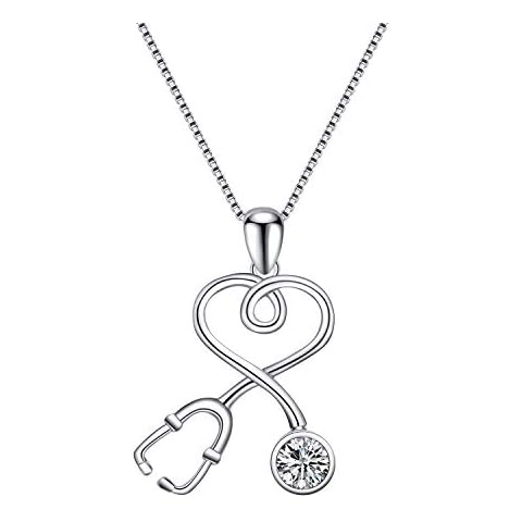 AOBOCO Sterling Silver Stethoscope Necklace Infinity Heart Pendant Doctor Nurse Necklace with Clear Austria Crystal, Women Medical Jewelry Gifts for Medical Student Doctor Nurse Female Cover