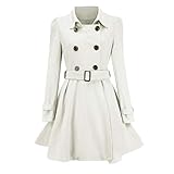 Forthery Women Double Breasted Pea Coat Winter Trench Jacket with Belt(White,S)