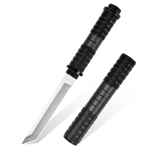 bhkz §42a konform Outdoor Messer Schwarz – 11,3 cm Tanto-Klinge aus 5Cr13 Stahl – Survivalmesser mit Aluminium-Scheide & Schraubverschluss – Rostfreies Gürtelmesser für Camping & Bushcraft