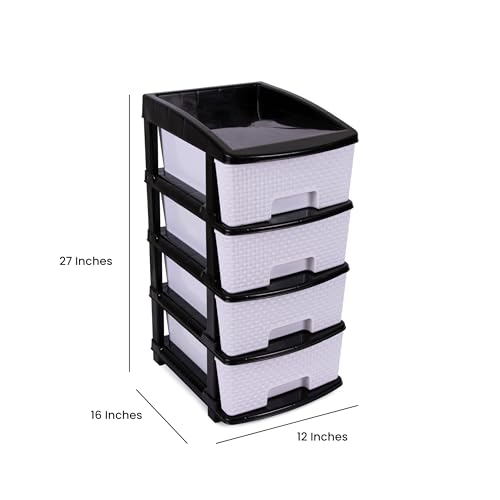 Image of Plastic Modular Drawer Storage Chest Of Drawers Organizer Storage Box, Large Stomo Racks For Multipurpose Anti-slip Shoes Organizers (White & Black, 4 Layer)