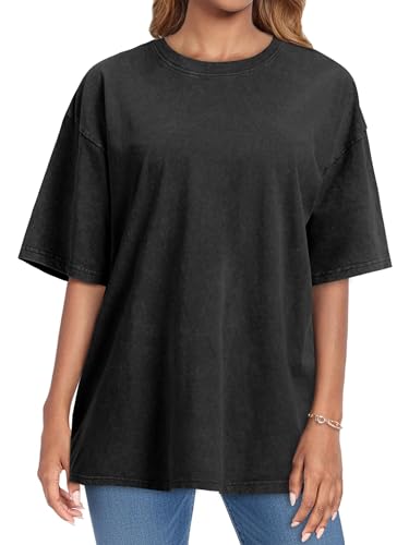 rosemia Oversized Tshirts for Women Acid Wash Short Sleeve Cotton Shirts Vintage Baggy Tops, Plain Black, L