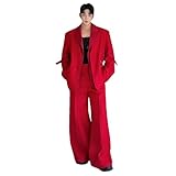 Mens Oversized Suit Jackets And Long Straight Wide Leg Suit Pants Set Fashion 2 Pieces Outfits Red M
