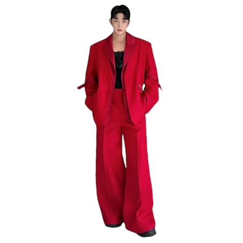 Mens Oversized Suit Jackets And Long Straight Wide Leg Suit Pants Set Fashion 2 Pieces Outfits Red M