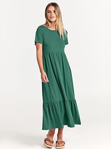 Image of ANRABESS Womens 2026 Summer Casual Maxi Dress A line Tiered Flowy Short Sleeve Crewneck T Shirt Beach Travel Long Dresses
