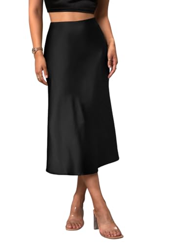 Image of KATECLO Women's Satin Midi Skirt High Waist Elegant A-Line Slip Skirt | Soft Silky Casual