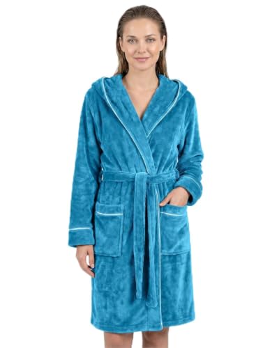 Gräfenstayn Albornoz Mujer Esponjoso con Capucha - Vellón de peluche - Norma Oeko-Tex 100 - Bata corta Señoras - Tamaño (S, Turquesa)