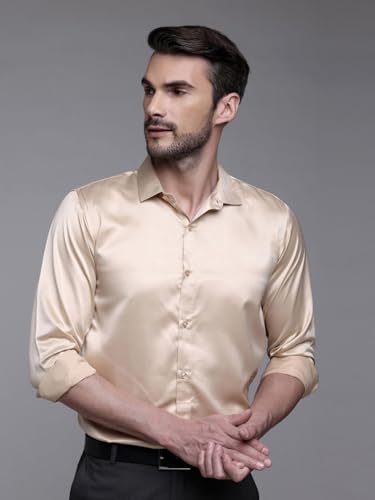 Image of IndoPrimo Men's Satin Shirt with Spread Collar Neck Line Solid Pattern Full Sleeves Regular Fit Western Style and Standard Length