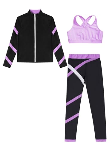 Kids Girls Dance Sports Bra Crop Top with Athletic Leggings Jacket Sweatshirt Set 3Pcs Outfits Gymnastics Tracksuit3