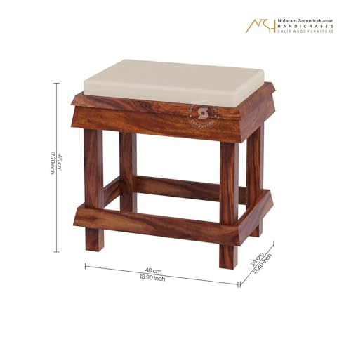 Image of NSH Handcrafted Solid Sheesham Wood Trapezium Stool with Cushion | Premium, Multipurpose Side Table, Footrest for Living Room, Bedroom, and Outdoor Use | Honey Finish, 1 Wooden Stool