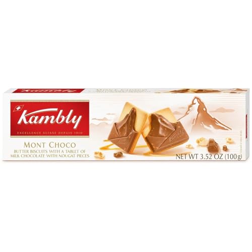 Kambly Mont Choco Biscuits, 3.5 oz | Butter Biscuits with a Tablet of Milk Chocolate with Nougat Pieces | Product of Switzerland