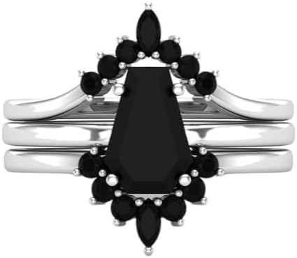 1CT-6CT Coffin Shape Black Onyx Engagement Ring Set Coffin Cut Wedding Ring Set 3 Piece Bridal Ring Set For Women Silver Black Onyx Ring Women Unique Antique Anniversary Promise Rings