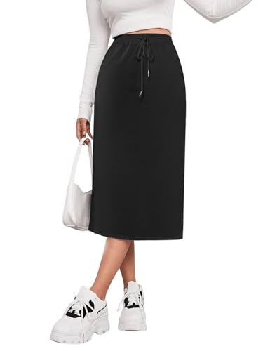 SOFIA'S CHOICE Women's Midi Skirt Drawstring High Waist Slit Skirts with Pockets4
