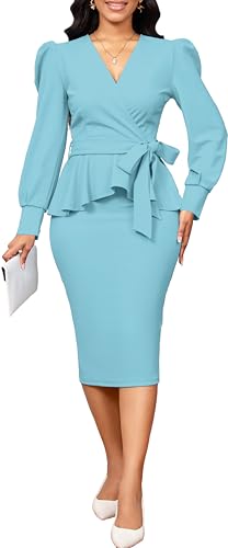 Image of Dresses for Women Elegant Long Sleeves Ruffles Pencil Knee Length Split Business Dress with Belt Zipper